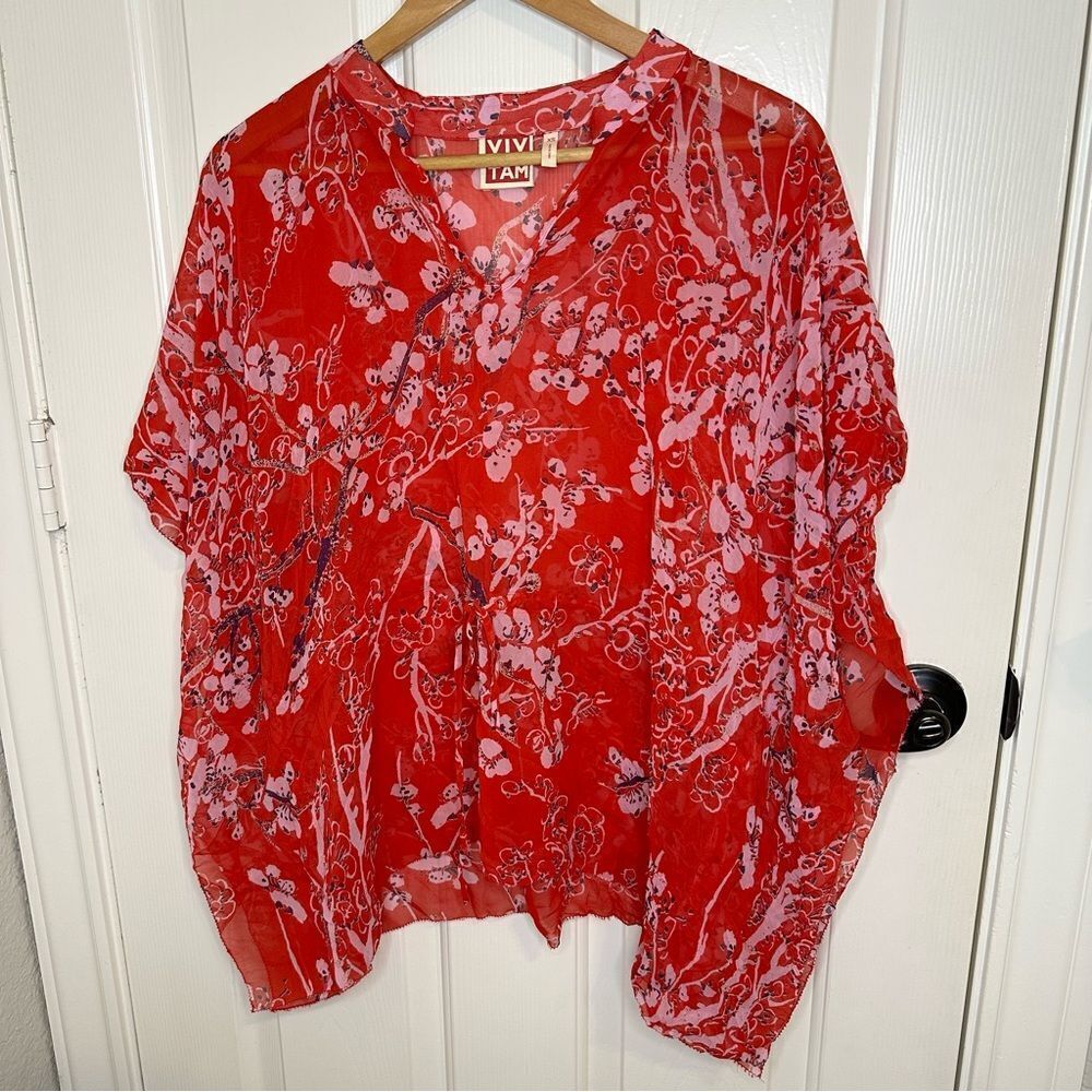 Vivienne Tam Red Pink Floral Kaftan Poncho Tunic XS Coastal Resort Boho Beach